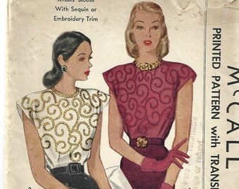 1940s Evening Blouse with Sequin or Embroidery Trim Complete with Transfer McCall 1192 Bust 34 Women's Vintage Sewing Pattern