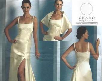 Wedding or Evening Dress with Train and Stole Square Neckline Sleeveless Vogue 1075 UNCUT FF Size 12- 18 Women's Sewing Pattern