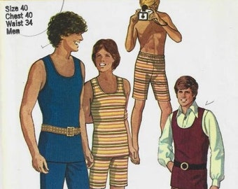 1970s Men's Shorts or Pants and Tank Top with Round Neckline Knits Only Simplicity 9385 UNCUT FF Chest 40 Men's Vintage Sewing Pattern