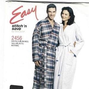 May include: A pattern for a men's and women's robe. The men's robe is plaid with blue, brown, and white. The women's robe is white. The text "Easy stitch 'n save by McCall's" is in the upper left corner. The pattern number is 2456.