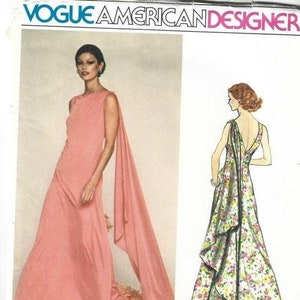 1970s Evening Dress Deep V Back Draped Cascade Panel Designer Jerry Silverman Vogue 1404 UNCUT FF Bust 34 Women's Vintage Sewing Pattern