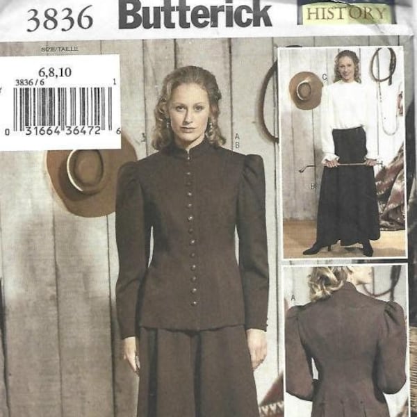 Misses' Old West Riding Costume Divided Skirt Blouse Jacket Butterick 3836 UNCUT FF Sizes 6-8-10 Women's Sewing Pattern