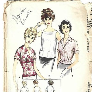McCall&#39;s 5046 1950s Ladies&#39; Overblouses 3 Styles Neckline & Sleeve Variations Bust 32 Partially Cut Complete Women&#39;s Vintage Sewing Pattern