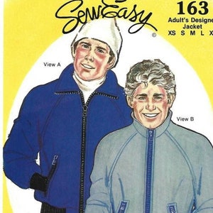 May include: Sew Easy pattern number 163 for an adult's jacket. The pattern shows two views of the jacket, one in blue and one in gray. The pattern is designed by JoLyn.