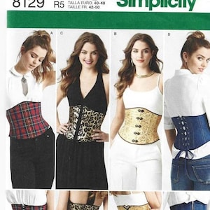 May include: Simplicity sewing pattern number 8129, size US 14-22, Euro 40-48, French 42-50, for a corset with four different styles. The pattern shows a plaid corset, a leopard print corset, a gold corset, and a denim corset.