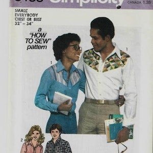 May include: A vintage Simplicity sewing pattern for a shirt, featuring a "How to Sew" pattern title and instructions for making a cuff. The pattern includes three different shirt designs, one with a geometric pattern on the front.