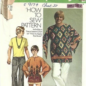 1970s Men's Tunic and Hip Hugger Pants Bell Sleeves Partially Cut/Complete Simplicity 9179 Chest 38 Men's Vintage Sewing Pattern