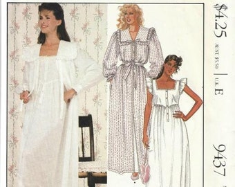 McCall's 9437 Uncut FF Size M 1980s Laura Ashely Romantic Nightgown and Long Sleeve Robe Bust 36-38 Women's Vintage Sewing Pattern