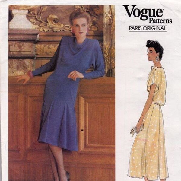 1980s Chloe Designer Dress Back Blouson Bodice Draped Neckline Vogue 1503 Uncut FF Size 14 Bust 36 Women's Vintage Sewing Pattern