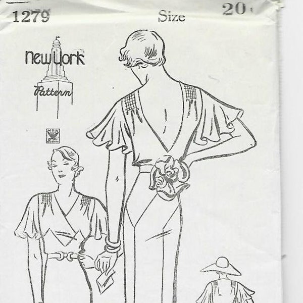 1930s Backless Evening Dress or Day Dress Flutter Sleeves New York 1279 FF with Envelope Bust 38 Women's Vintage Sewing Pattern Plain Tissue