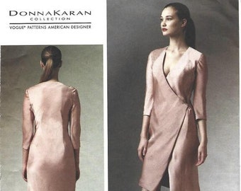 Donna Karan Plus Size Bias Wrap Dress Lined Below Elbow Sleeves Front Snap Closure Vogue 1384 UNCUT FF Bust 36-44 Women's Sewing Pattern