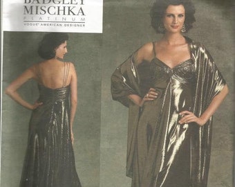 Backless Bias Cut Evening Dress Bra Top Front Drape and Stole Vogue 1079 Badgley Mischka UNCUT FF Sz 6,8,10 Women's Sewing Pattern