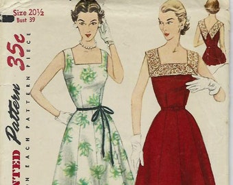 1950s Sleeveless Cocktail Sundress V Back Square Neckline Easy to Sew Simplicity 4347 Size 20.5 Bust 39 Women's Vintage Sewing Pattern