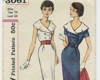 1950s Sheath Dress Portrait Collar Sleeveless or Short Sleeves Double Breasted Simplicity 3061 Bust 34 Women's Vintage Sewing Pattern