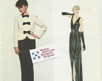 1970s Plunging V Neckline Evening Dress and Jacket Bill Blass Vogue 2286 Uncut FF Size 12 Bust 34 With Label Women's Vintage Sewing Pattern