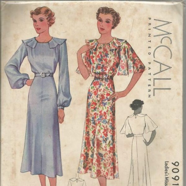 1930s Long Sleeve or Flutter Sleeve Dress Flared Skirt McCall 9091 Uncut FF Full Figure Plus Size Bust 42 Women's Vintage Sewing Pattern