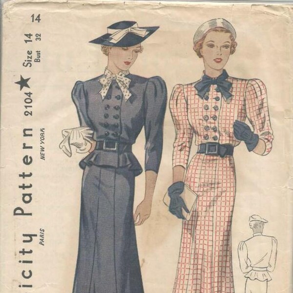 1930s Double Breasted Blouse Flared Skirt Sleeve Variations Peplum Simplicity 2104 Uncut FF Size 14 Bust 32 Women's Vintage Sewing Pattern