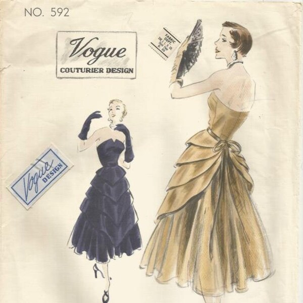 1950s Evening Cocktail Tiered Circular Skirt Strapless Vogue Couturier Design 592 Label Bust 34 Unused FF Women's Vintage Sewing Pattern