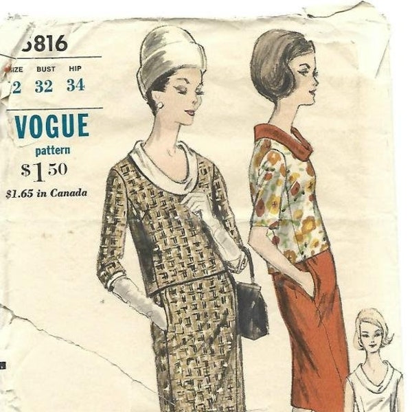 1960s Blouse & Overblouse with Bias Roll Collar/Sleeve Length Variations Slim Skirt Vogue 5816 C/C Bust 32 Women's Vintage Sewing Pattern