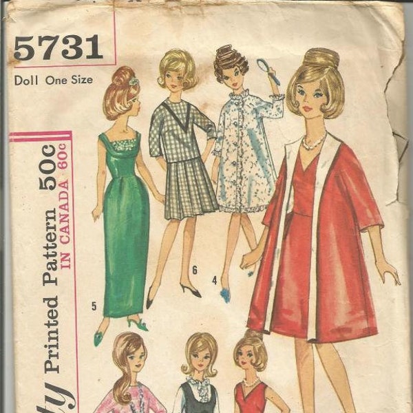1960s Doll Clothes 11.5 Inch Doll Barbie Tressy Midge Simplicity 5731 Cut Complete plus Extras Vintage Sewing Pattern