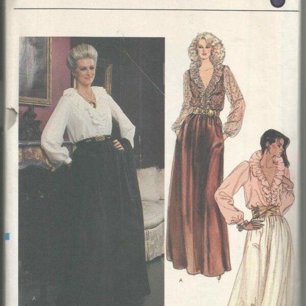1980s Cocktail Evening Hostess Palazzo Pants Plunging V Neck Blouse Shawl  Vogue 8128 Uncut FF Size 14 Bust 36 Womens Vintage Sewing Pattern