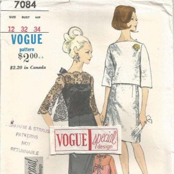 1960s Cocktail Dinner Slip Dress and Back Button Jacket Vogue 7084 Uncut FF Satin Sew In Label Size 12 Bust 32 Womens Vintage Sewing Pattern