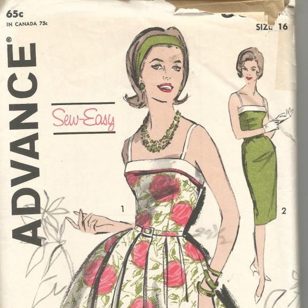 1960s Fit and Flare Sundress Sheath Dress Spaghetti Straps Original Advance 9827 Size 16 Bust 36 Women's Vintage Sewing Patterns