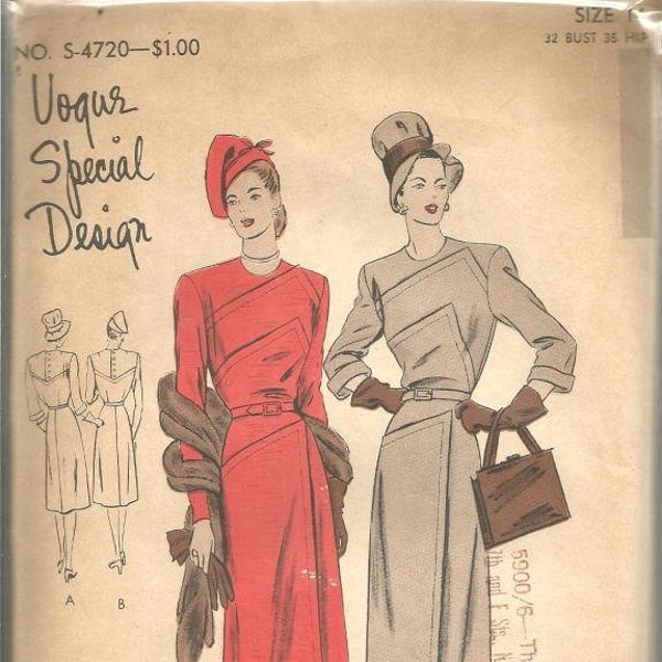 1940s Vogue Special Design Dress Asymmetrical Lapped Seams Jewel Neck Sleeve Variations Vogue 4720 FF Bust 32 Women's Vintage Sewing Pattern