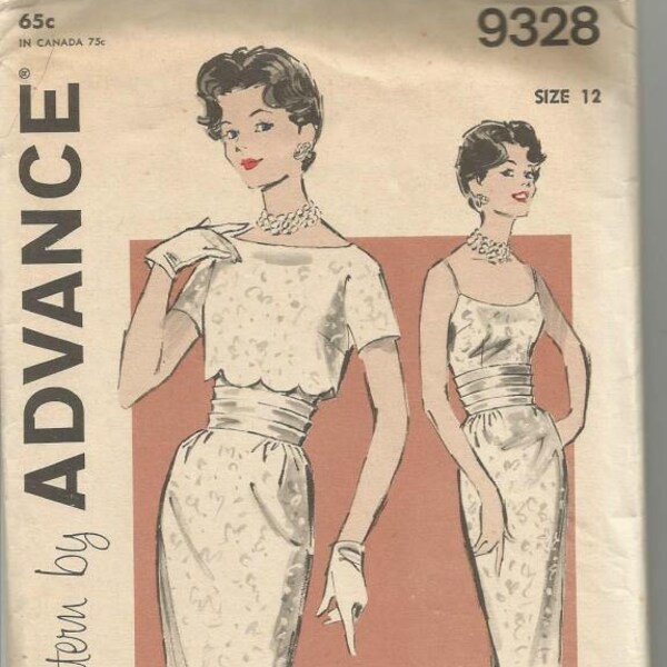 1960s Sheath Cummerbund Scalloped Bolero Jacket Cocktail Dinner Theater Advance 9328 Size 12 Bust 32 Women's Vintage Sewing Pattern