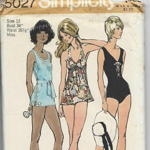 1970s Women's Swimsuits Two Piece and V Neck One Piece 3 Styles Partially Cut Simplicity 5027 Size 12 Bust 34 Women's Vintage Sewing Pattern