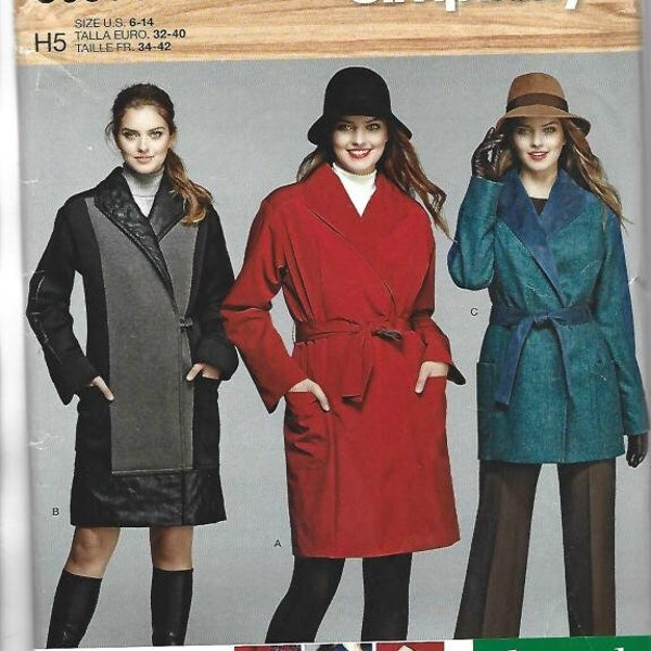 Misses' Coat or Jacket in Three Lengths Removable Lining Tie Belt or Button Closure Simplicity 0314 UNCUT FF Sz 6-14 Women's Sewing Pattern