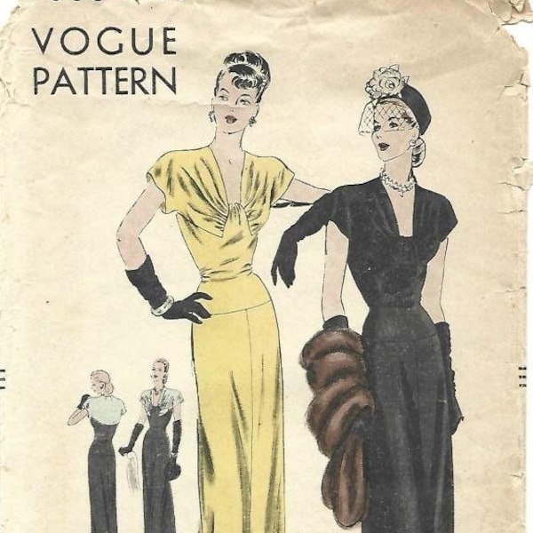 1940s Evening or Cocktail Dress ORIGINAL Gathered Yoke Cap Sleeves Long Torso Vogue 6008 Size 16 Bust 34 Women's Vintage Sewing Pattern