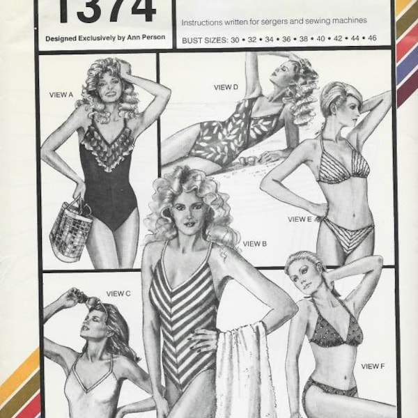 1980s V Neck Maillot One Piece Swimsuits and Bikini High Cut Legs Stretch & Sew 1374 Uncut Bust 30 - 46 Women's Vintage Sewing Pattern