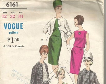 1960s Sleeveless Sheath Cocktail Dress Box Jacket Roll Collar Vogue 6161 Uncut FF Size 12 Bust 32 Women's Vintage Sewing Pattern