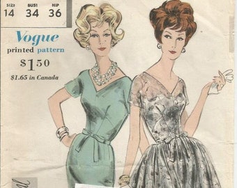 1960s Cocktail Dinner Dance Dress Sheath or Bouffant Skirt V Neckline UNCUT Vogue 4130 Bust 36 FF & Label Women's Vintage Sewing Pattern