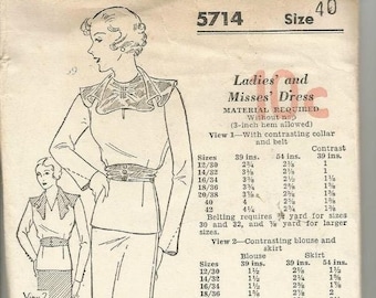 1930s Plus Size Long Sleeve Blouse with Collar Variations and Slim Skirt Woman's World 5714 FF Bust 40 Women's Vintage Sewing Pattern