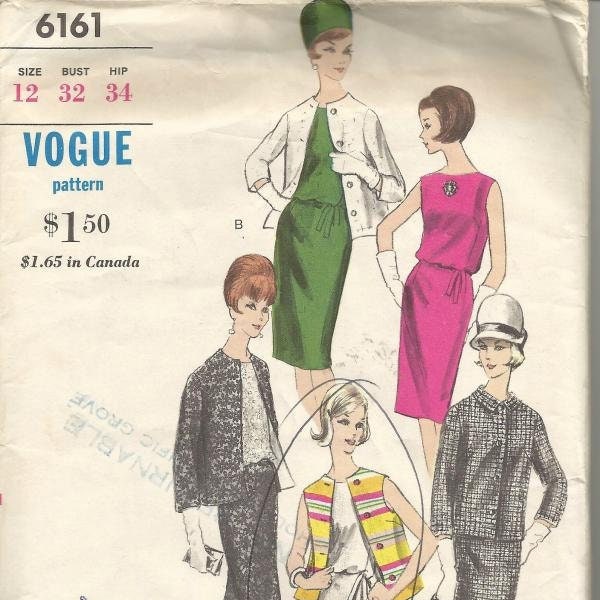 1960s Sleeveless Sheath Cocktail Dress Box Jacket Roll Collar Vogue 6161 Uncut FF Size 12 Bust 32 Women's Vintage Sewing Pattern