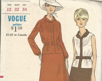 1960s Mod Drop Waist A-Line Dress Sleeveless or Long Sleeves Vogue 7187 Cut Complete  Bust 32 Women's Vintage Sewing Pattern