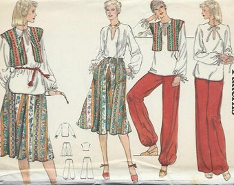 Vogue 9827 1970s Boho Peasant Top Vest Skirt Straight Leg or Harem Pants Easy to Sew UNCUT FF Bust 36 Women's Vintage Sewing Pattern