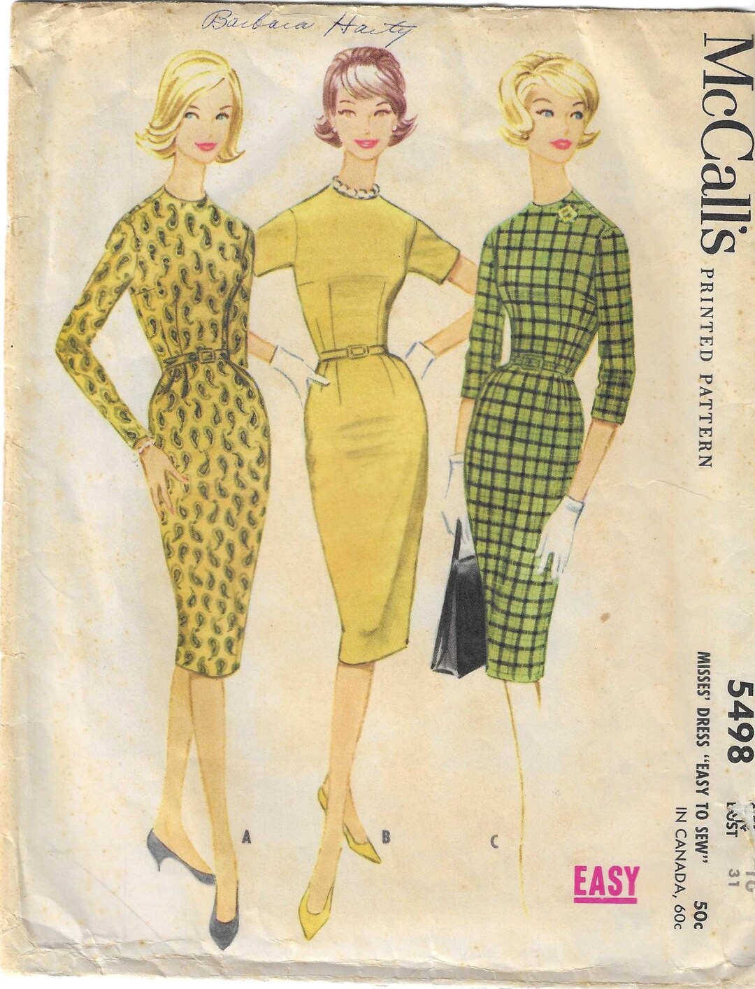1960 Sheath Dress With Three Gore Skirt Jewel Neckline Sleeve Length ...
