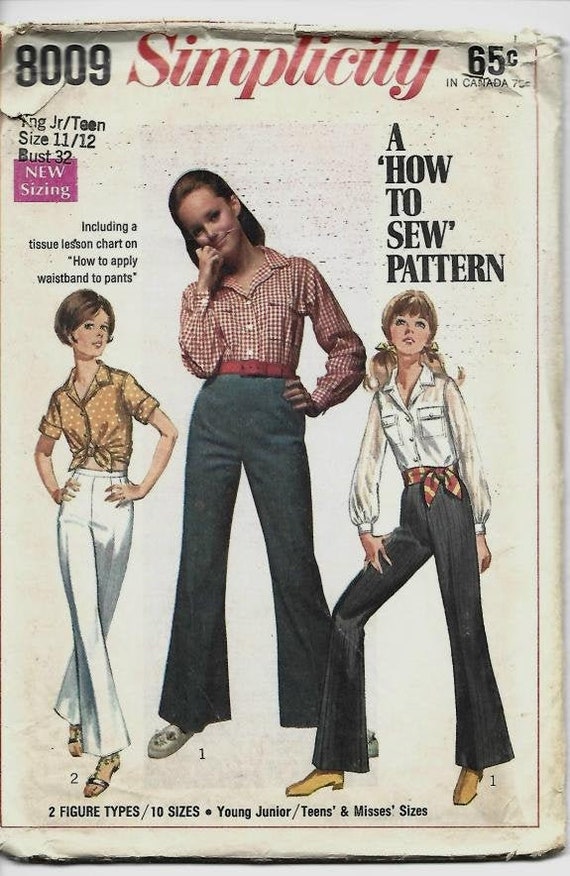 1960s Bell Bottom Pants and Shirt With Short or Long Sleeves Simplicity  8009 UNCUT FF Size 11/12 Bust 32 Women's Vintage Sewing Pattern 