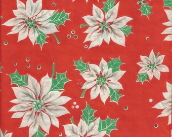 1940s Vintage Christmas Wrapping Paper/Tissue Paper White Poinsettias on Red Christmas Gift Wrap One Flat Sheet