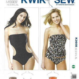 May include: A sewing pattern for two swimsuit styles. The pattern is for sizes XS-S-M-L-XL. The first style is a black one-piece swimsuit with cutouts on the sides. The second style is a black and white patterned swimsuit with a bandeau top and a high-waisted bottom.