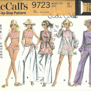 McCall&#39;s 9723 1960s Swim Suit/Low Rider Bell Bottoms/Blouse or Cover Up in Two Lengths UNCUT FF Bust 32.5 Women&#39;s Vintage Sewing Pattern
