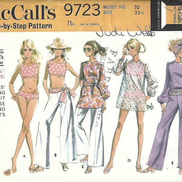 1960s Swim Suit/Low Rider Bell Bottoms/Blouse or Cover Up in Two Lengths McCall's 9723 UNCUT FF Bust 32.5 Women's Vintage Sewing Pattern