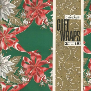 May include: Vintage gift wrap featuring a festive design. The wrapping paper has a green background with red bows, white flowers, and gold accents. The packaging includes the text "Art Craft GIFT WRAPS" and the dimensions 20" x 30".