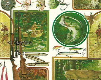 Vintage 1980s Masculine Outdoorsman Sportsman Gift Wrap One Flat Sheet