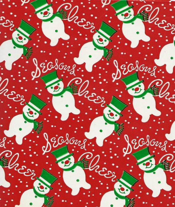 Vintage Christmas Wrapping Paper Snowman Green Hat & Scarf on Red One Flat  Sheet Christmas Wrapping Paper 