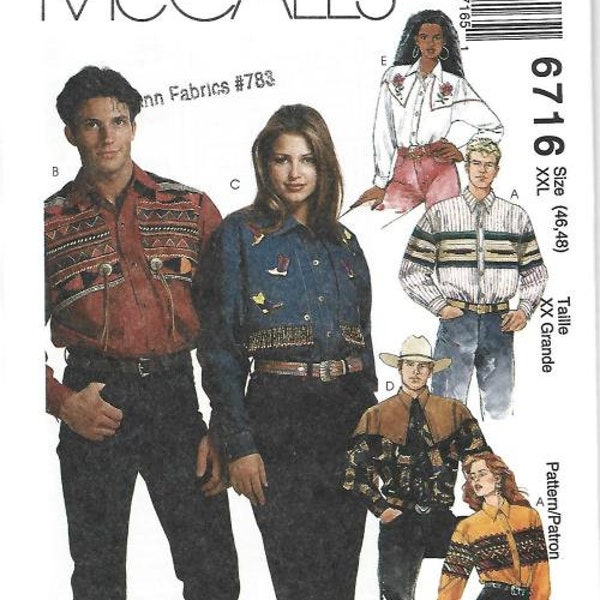 1990s Misses' and Men's Western Shirt Nashville Style McCall's 6716 Uncut FF Size XXL Chest/Bust 46-48  Men's Vintage Sewing Pattern