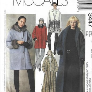 May include: A sewing pattern for coats, featuring five different styles. The pattern includes a long, black coat with a belt, a long, brown coat with a floral pattern, a long, light blue coat with fur trim, a red coat with a white collar, and a white coat with a forest print. The pattern is from McCall's and is numbered 3447.